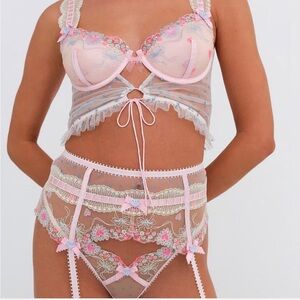 NWT For Love & Lemons Gabriella Pink Hearts 2 Piece Lingerie Set